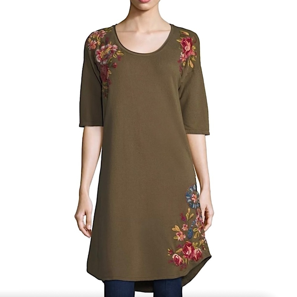 JOHNNY WAS Malui Floral Embroidered French Terry Sweatshirt Tunic Dress Brown - Picture 2 of 10
